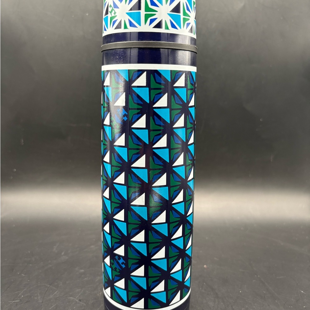 Tory Burch Blue Geometric Stainless Steel Vacuum Seal Flask Thermos Bottle 17 oz